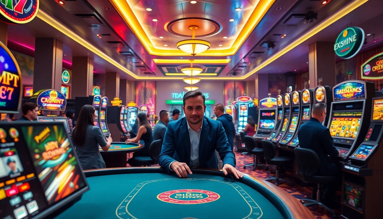 Engaging scene at Twin68 showcasing vibrant online gaming, poker tables, and enthusiastic players.