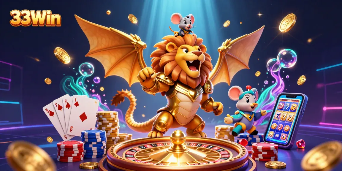 Engage with 33Win's vibrant gaming universe featuring an epic chimera and thrilling casino elements.