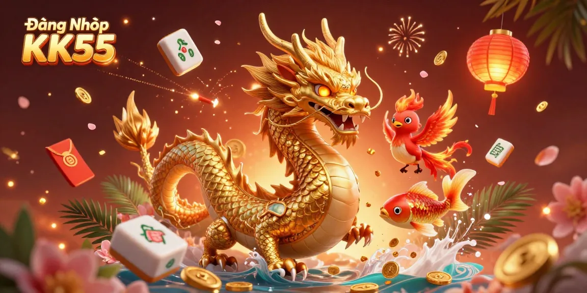 Experience the thrill of Đăng Nhập KK55 with vibrant 3D casino elements and golden treasures.
