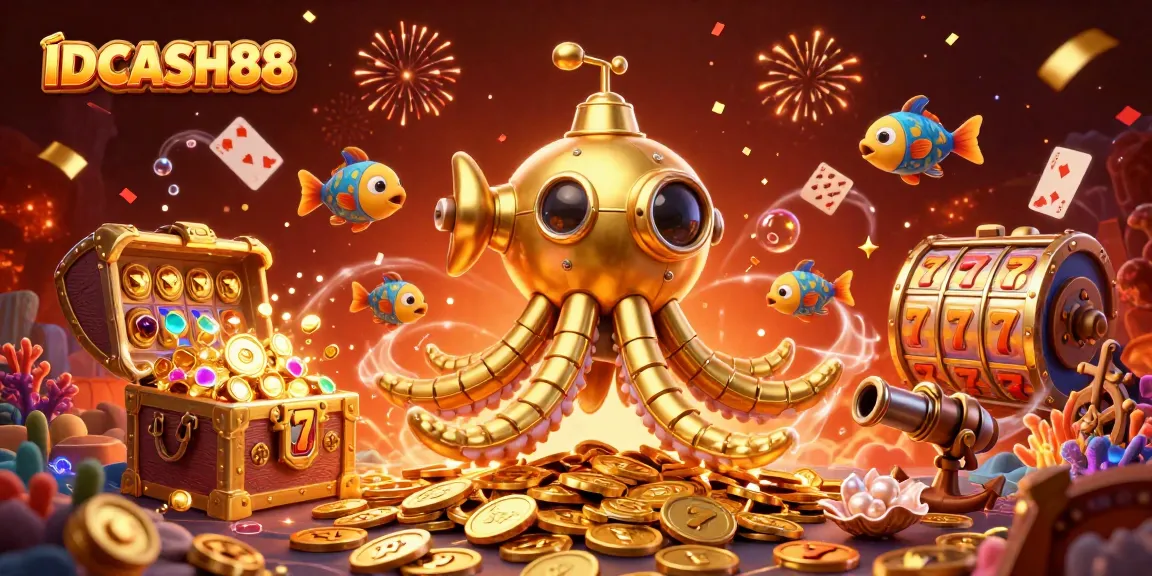 Engage with the vibrant gameplay experience at IDCASH88, featuring a captivating 3D kraken and slot reels.