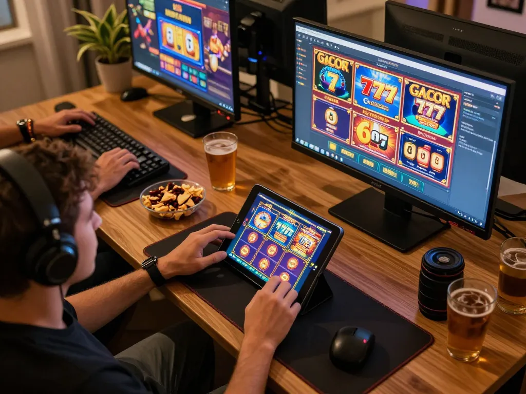 SLOT GACOR 777 gameplay on multiple screens, showcasing intense online casino action in a cozy home setup.