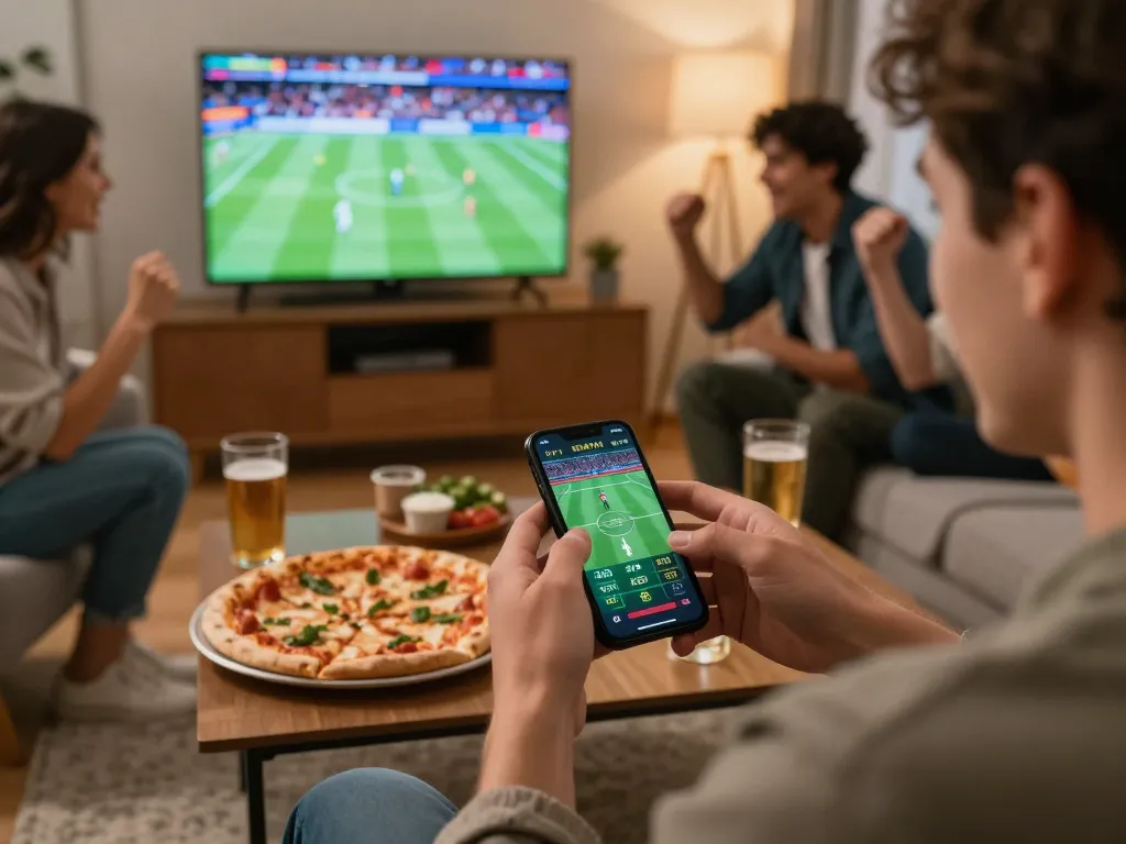 Engaging moment of sports betting with da 88 mobile app in a cozy living room