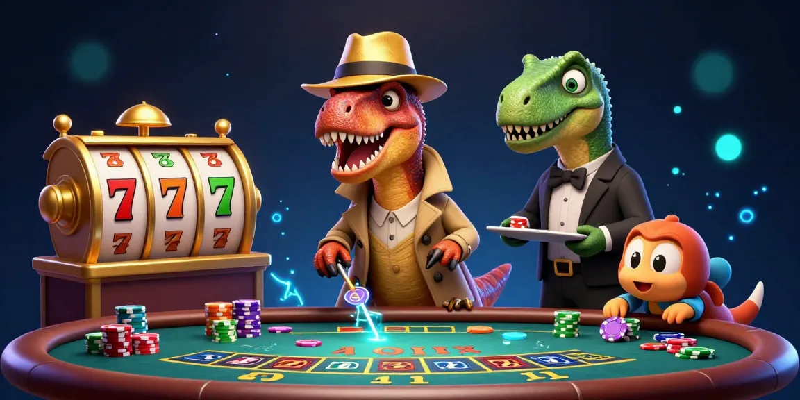Score big at Jalalive with a playful velociraptor counter at the blackjack table, lively gambling scene.
