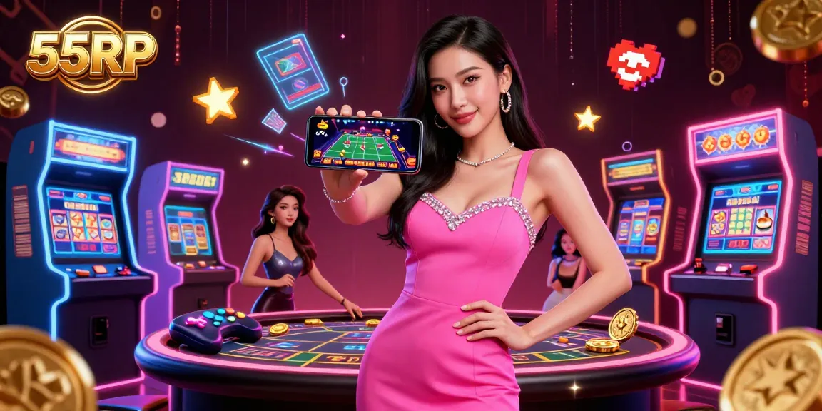 Engage in thrilling gameplay with 55RP, showcasing a confident woman enjoying a live dealer game.
