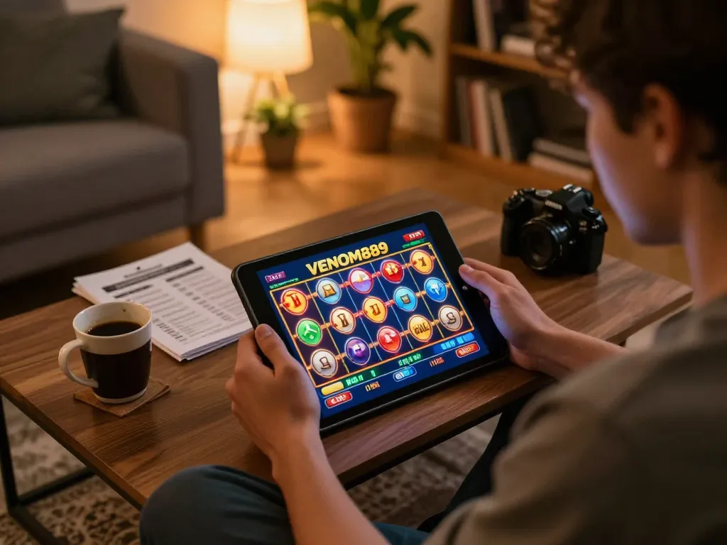 Player enjoying VENOM889 slot games on a tablet in cozy home setting, surrounded by strategy notes and warm lighting.