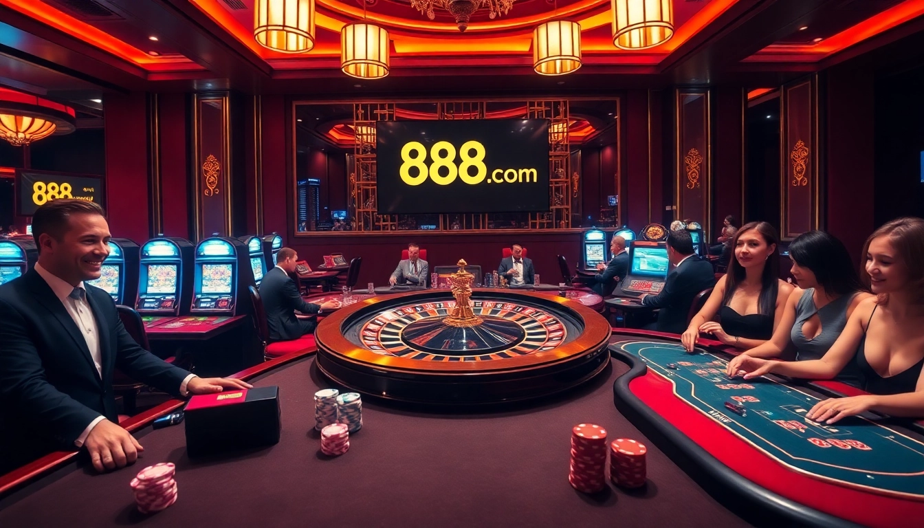 Experience the excitement of 888new com with gamblers at luxury casino tables, highlighting poker chips and roulette.