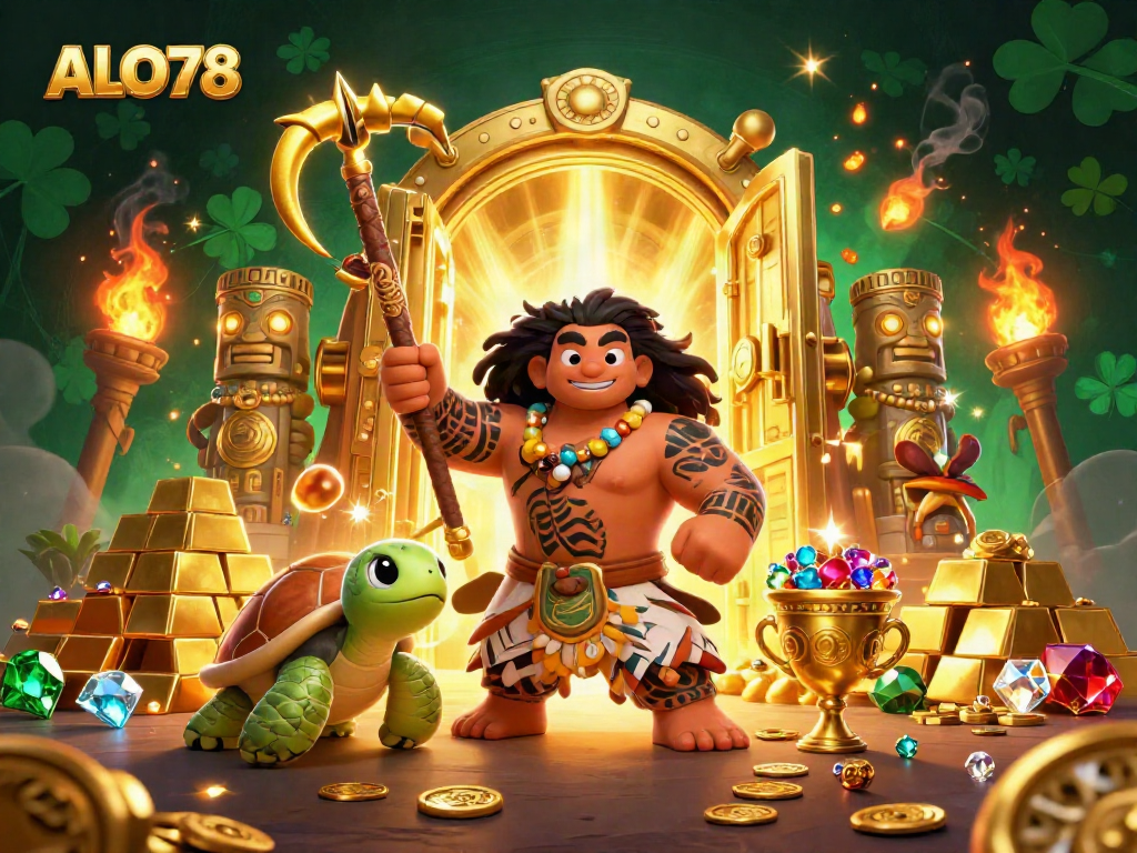 Win big with ALO78 in this vibrant casino-themed illustration featuring a demigod and treasures.