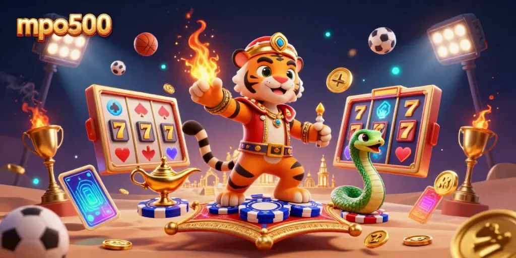 MPO500 mempamerkan sultan harimau dalam permainan slot bergaya Arabian, dikelilingi elemen bertema kasino.