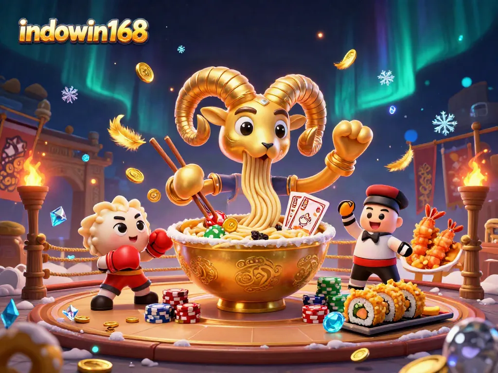 Experience the excitement of indowin168 with a vibrant 3D illustration of a golden ramen bowl and casino elements.