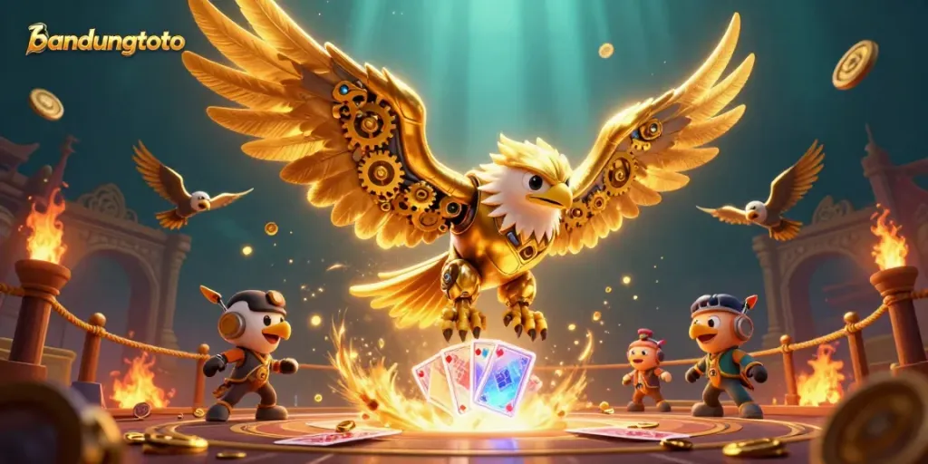 Experience thrilling action with bandungtoto as the golden eagle navigates a poker card storm.