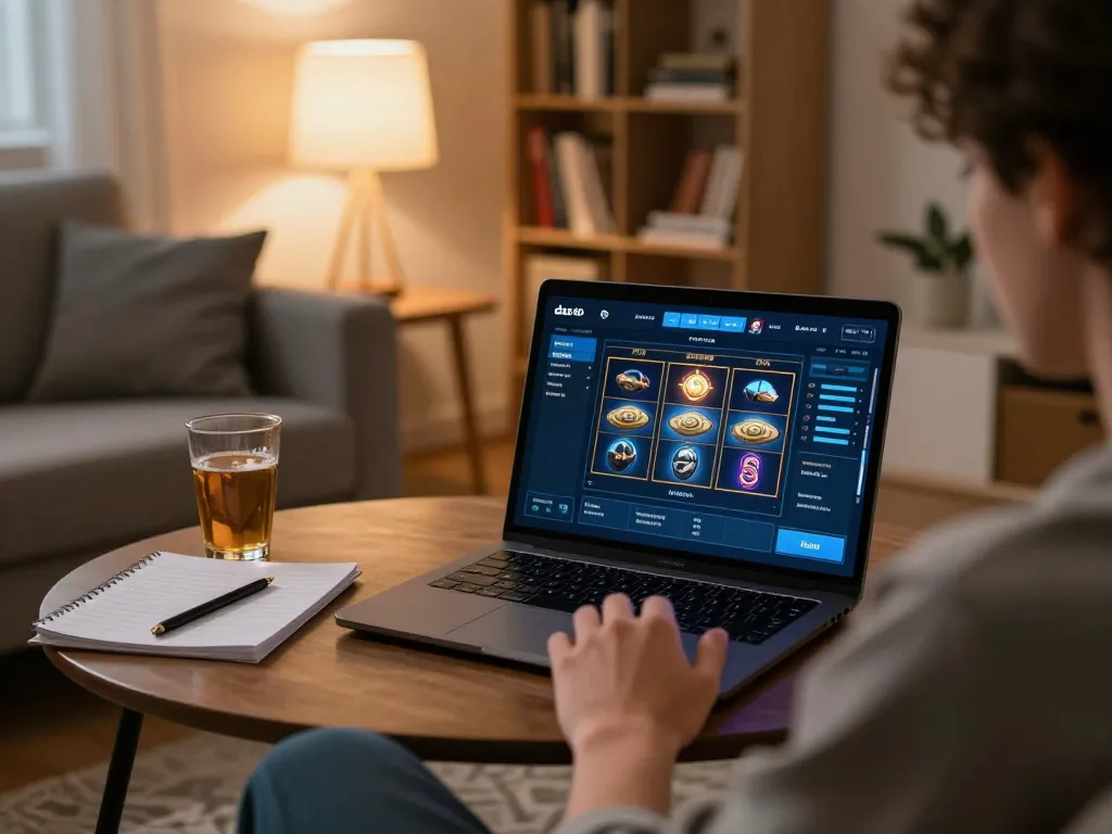 Pemain menikmati permainan slot dasi4d di laptop di rumah dengan catatan strategis dan suasana yang nyaman