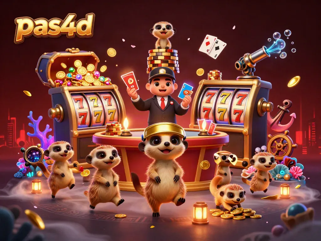 Aktivitas seru di kasino pas4d, dengan meerkat bermain slot dikelilingi harta karun dan permainan menarik.