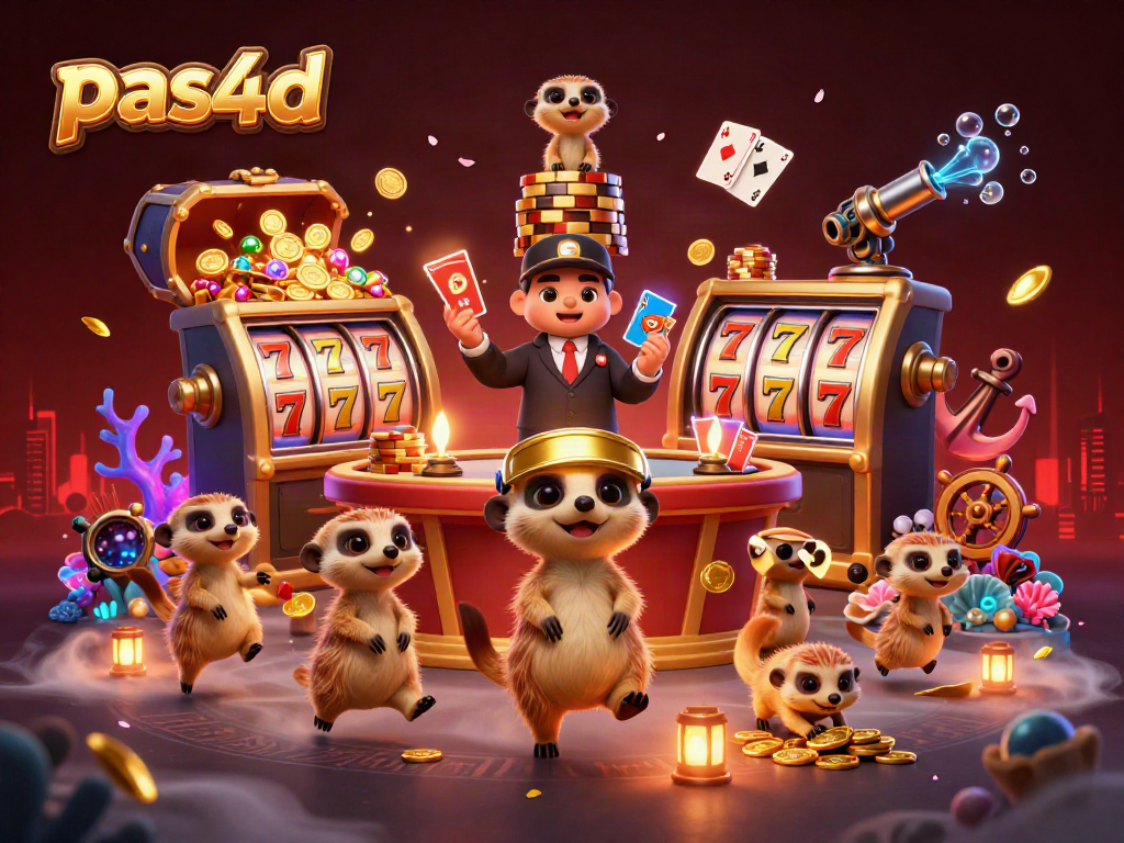 Aktivitas seru di kasino pas4d, dengan meerkat bermain slot dikelilingi harta karun dan permainan menarik.