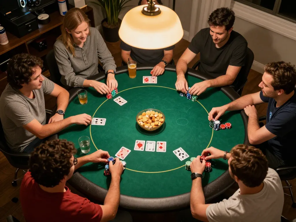 Players enjoying a lively poker game at home, showcasing 789 club atmosphere and friendly competition.