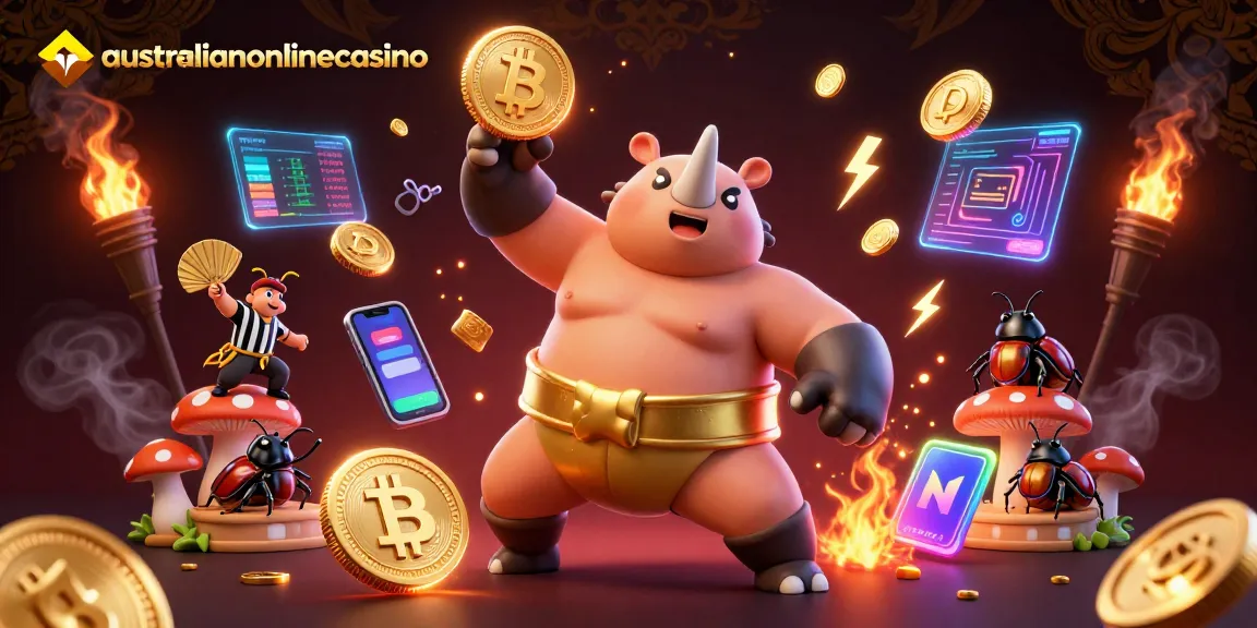 Engage with the thrilling world of australianonlinecasino, showcasing a vibrant sumo champion beetle amidst flying coins and crypto elements.