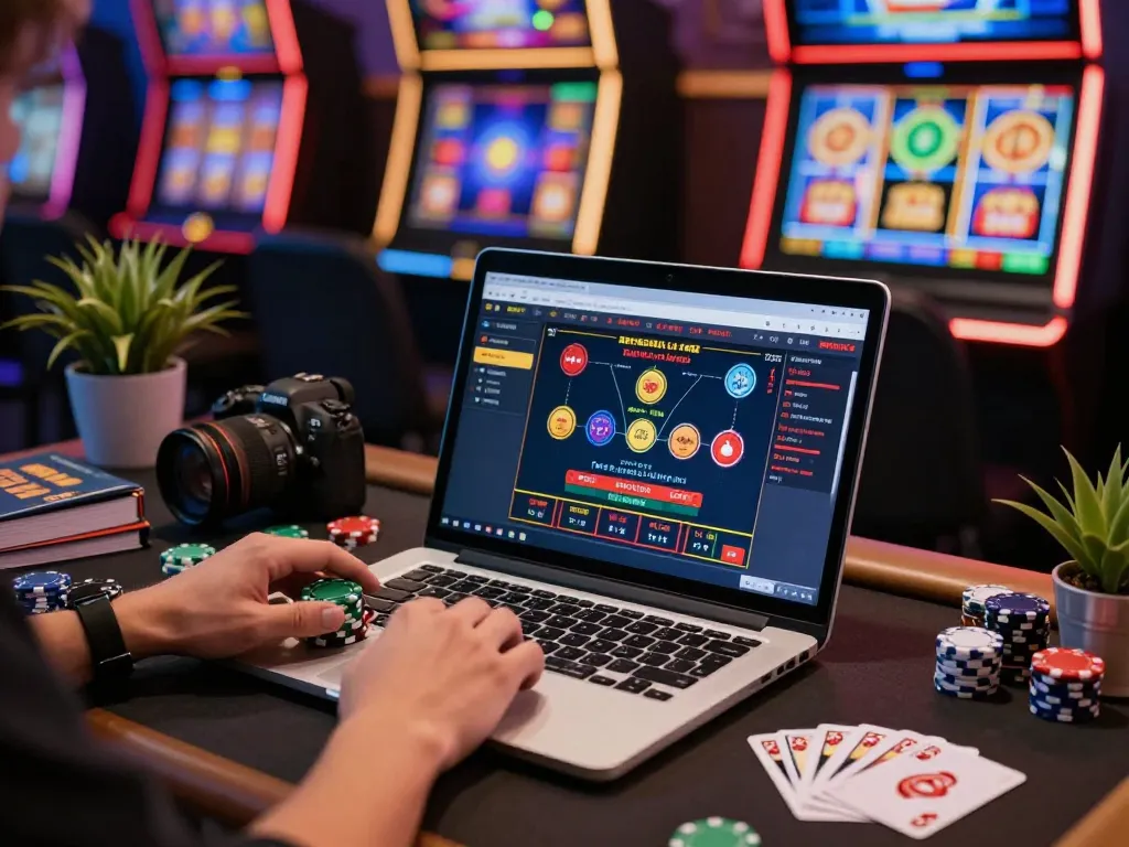 Engaged with link 23win in an online gambling session featuring colorful slot machines and strategic betting.
