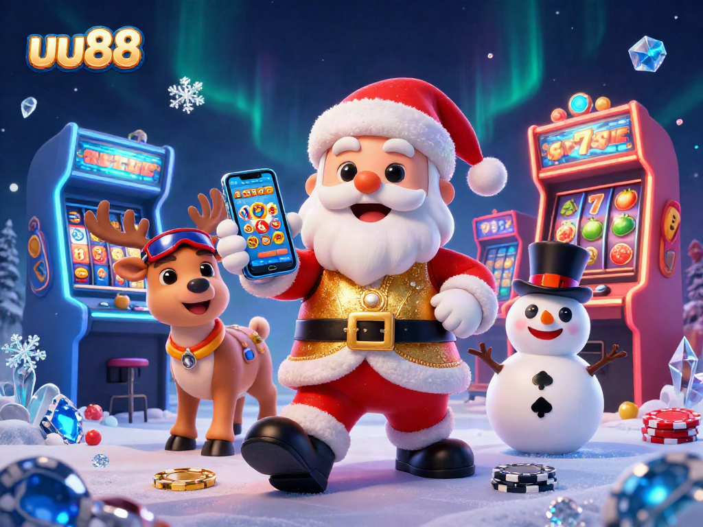 Spin to win with uu88 in this vibrant casino scene packed with festive gaming elements.