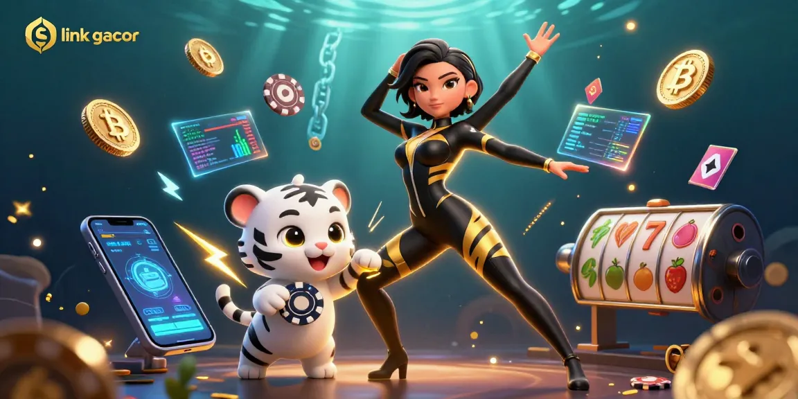 Engage with the thrilling link gacor slot scene featuring a dynamic acrobatic woman and playful white tiger surrounded by vibrant casino elements.
