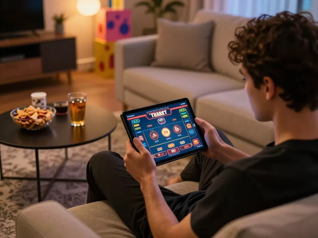 Engaged player using Thabet app on tablet during online gaming session while enjoying snacks