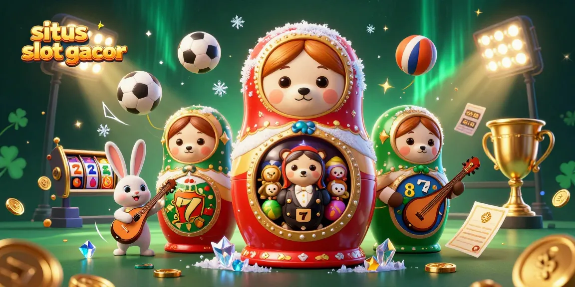 Engage with situs slot gacor through a vibrant 3D illustration featuring festive casino characters and dynamic game elements.