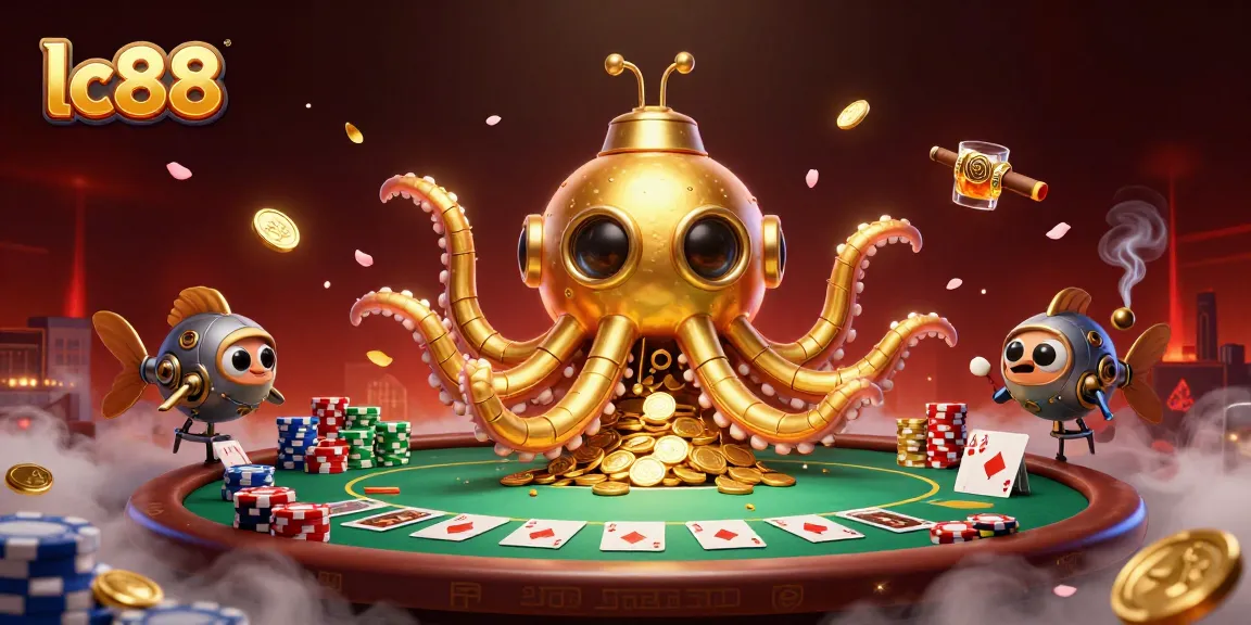 Engage in thrilling gameplay with lc88, featuring a kraken submarine amid poker chips and gold.