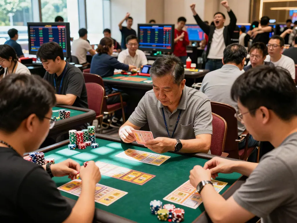 Exciting Togel gaming atmosphere in Macau with players enjoying rajabandot results and lively interaction.