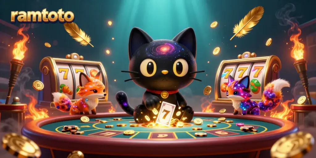 Menggandakan peluang dengan ramtoto, kucing hitam 3D memikat sambil menarik koin emas dan simbol jackpot.