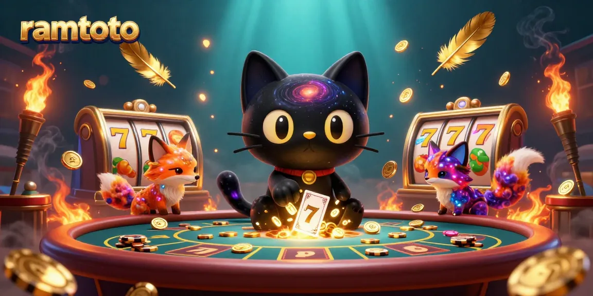 Menggandakan peluang dengan ramtoto, kucing hitam 3D memikat sambil menarik koin emas dan simbol jackpot.