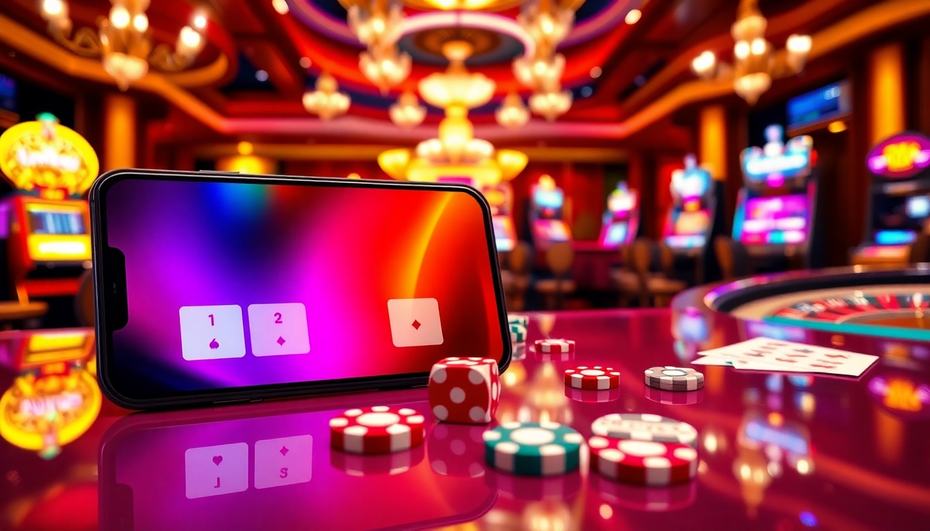 Experience the excitement of gambling with Tải app DH88 on a sleek smartphone in a luxurious casino setting.