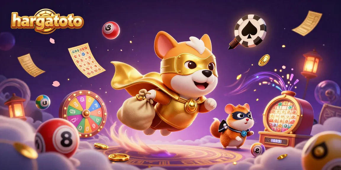 Engage in thrilling action with hargatoto as vibrant lottery elements surround a superhero dog and sidekick.