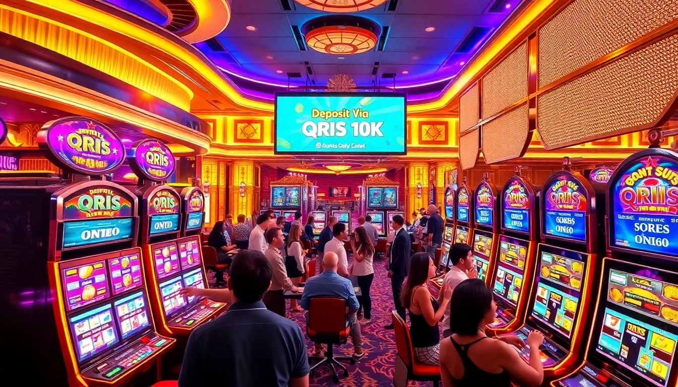 Engaged players enjoying slot qris 10k with vibrant machines in a luxurious casino setting.