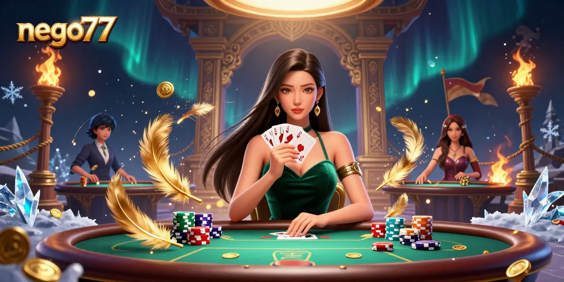 Nego77 poker scene with a beautiful Asian woman in emerald dress, vibrant casino atmosphere.