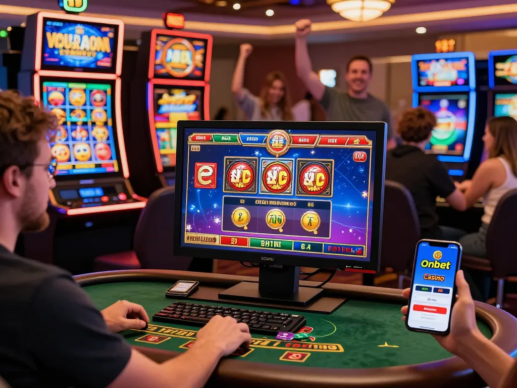 Exciting players at Onbet Casino engaging with online games and celebrating wins in a vibrant virtual environment.
