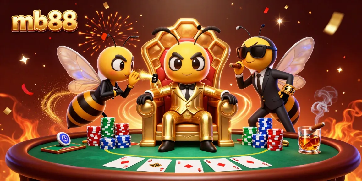 Experience thrilling poker action at mb88 with vibrant 3D casino characters and festive decorations.