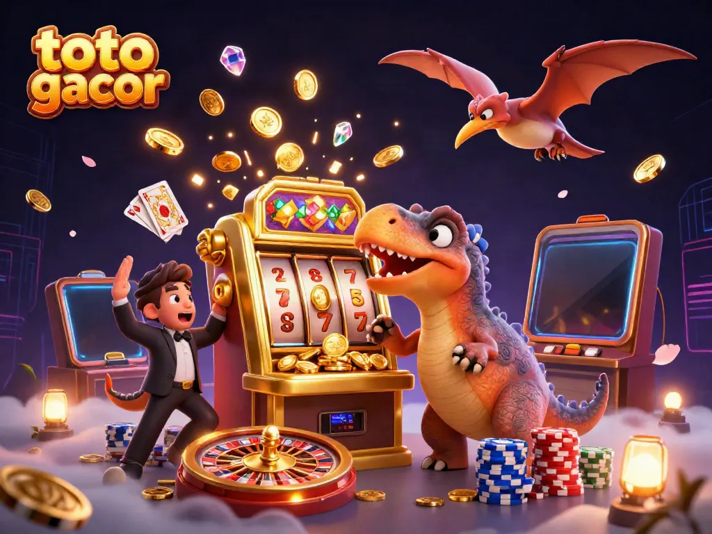 Ilustrasi 3D pachycephalosaurus dan mesin slot yang memunculkan koin emas di toto slot gacor.