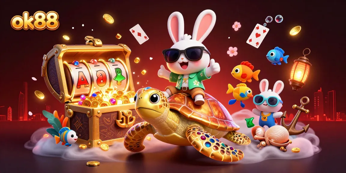 Play exciting games at ok88 with a playful rabbit and sea turtle amidst treasure