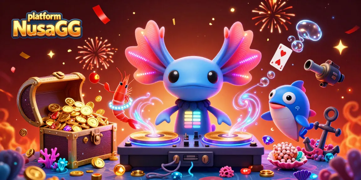 Engage with the vibrant platform NusaGG scene featuring a whimsical DJ and underwater treasures.