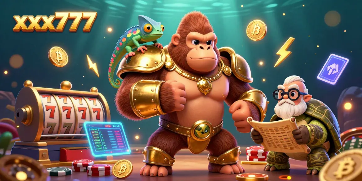 Join the adventure at xxx777 with a gorilla king, chameleon, and tortoise in a vibrant casino scene.