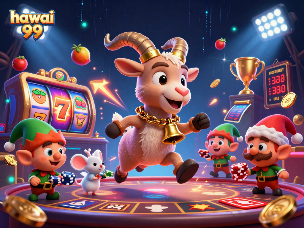 Engage with hawai 99 at a vibrant casino scene featuring spinning slots, lively characters, and festive energy.