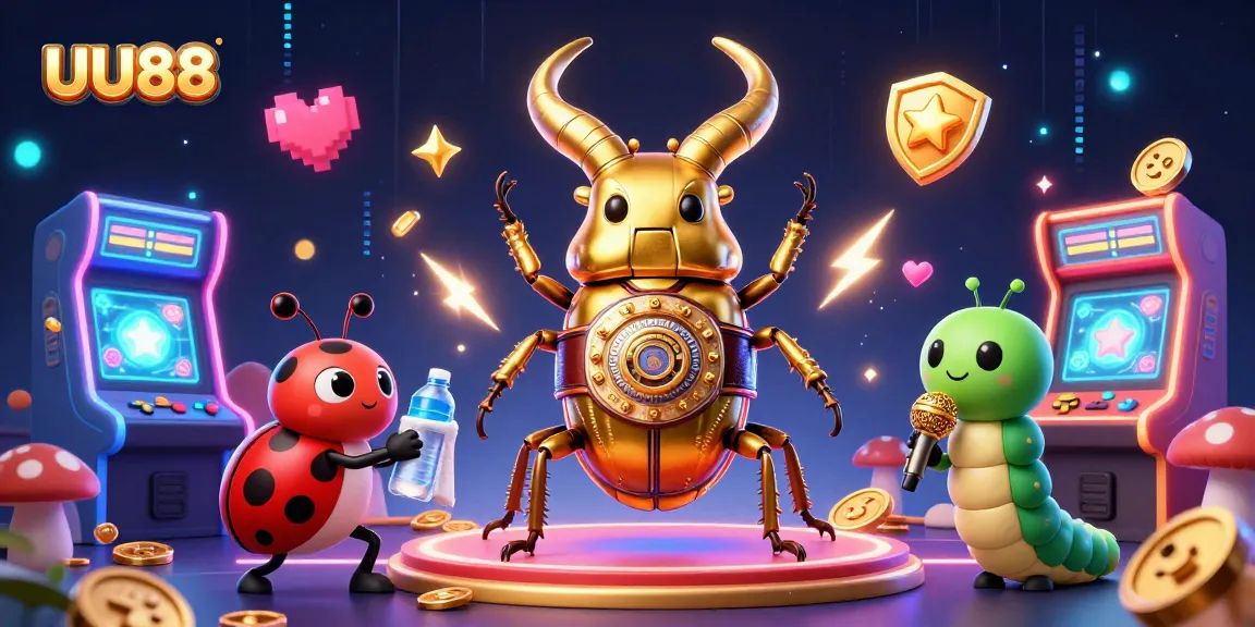 UU88 gaming scene showcasing a giant stag beetle boxing champion amidst vibrant casino elements.