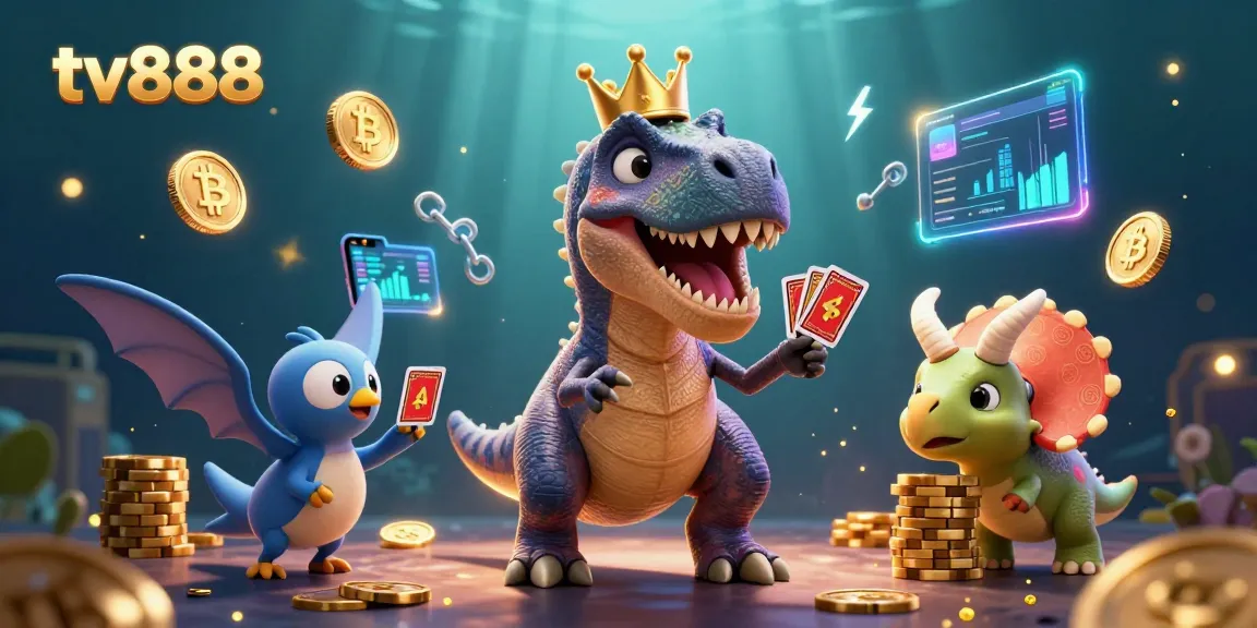 Engage with tv888's thrilling casino atmosphere featuring a friendly dinosaur card game scene.