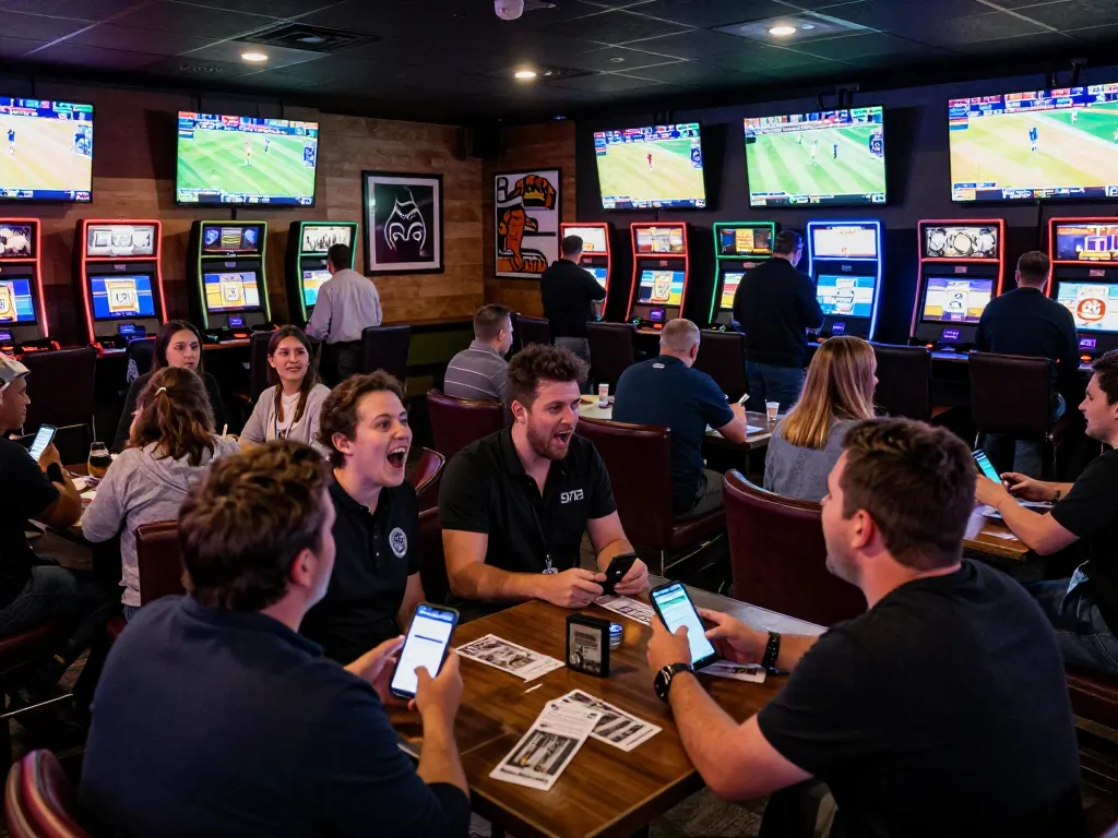 Patrons engaged in kèo nhà cái betting at a lively sports bar with multiple screens and betting apps.