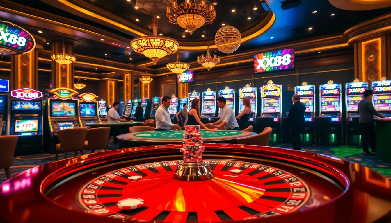 Exciting casino atmosphere featuring online gambling elements from https://xx88tv.com/ with roulette and poker games.