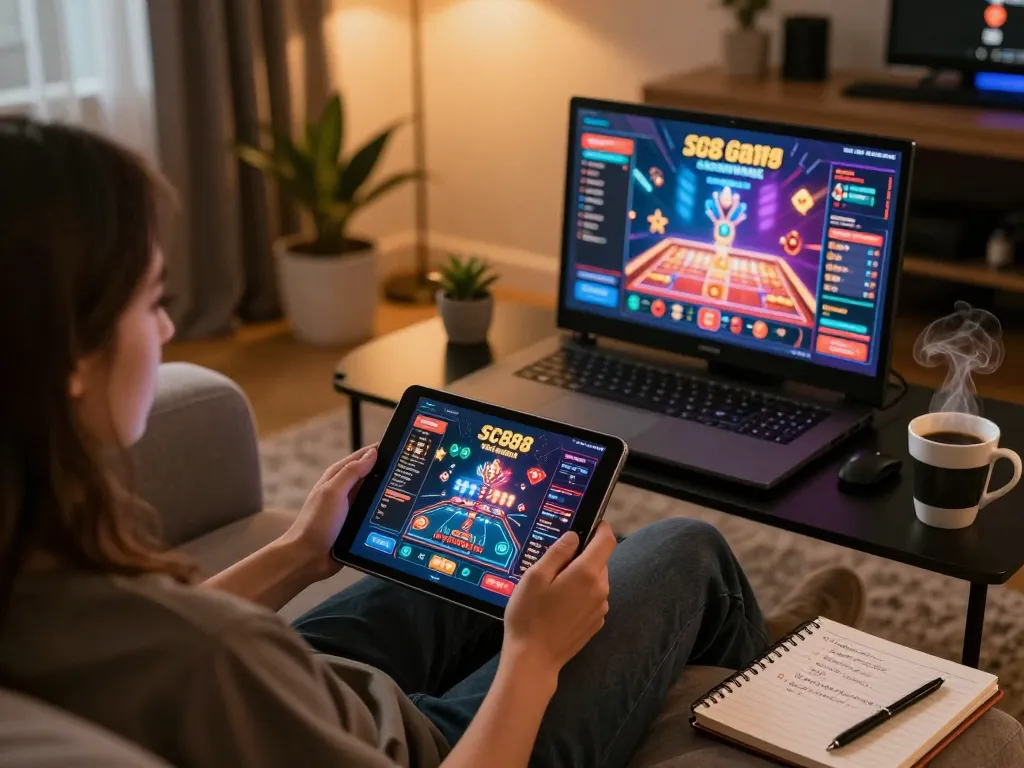 Engaging with SC88 Game on a tablet in a cozy home setting, showcasing online gaming.