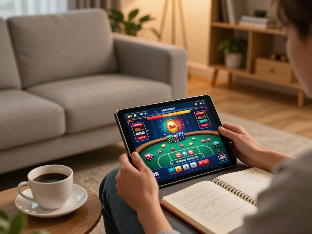 Engaging user enjoying llwin online gambling on a tablet at home with strategic gaming setup.