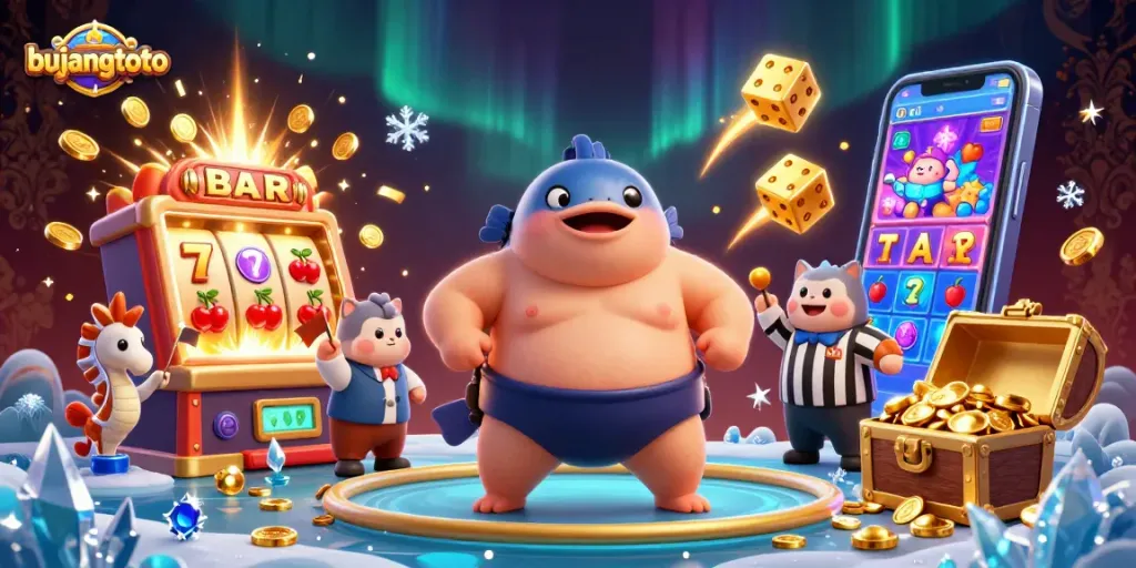 Bujangtoto features a lively underwater scene with characters celebrating big wins in a vibrant casino atmosphere.