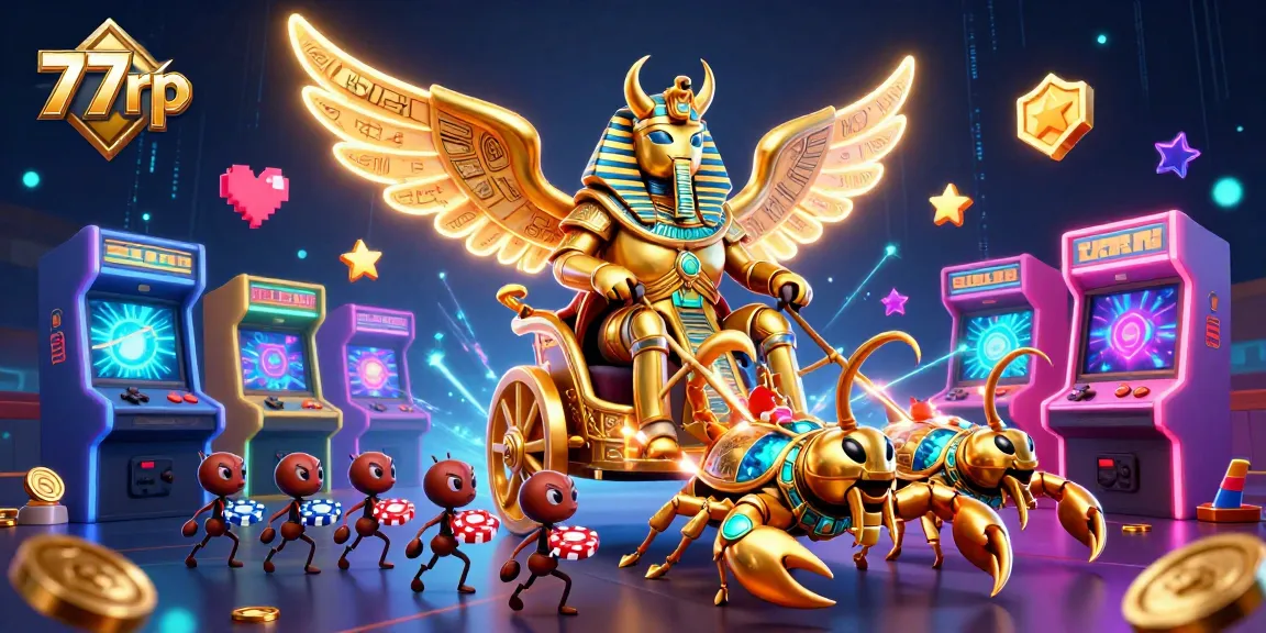 Engage with 77rp's vibrant gaming world featuring a colossal scarab and dynamic gaming elements.