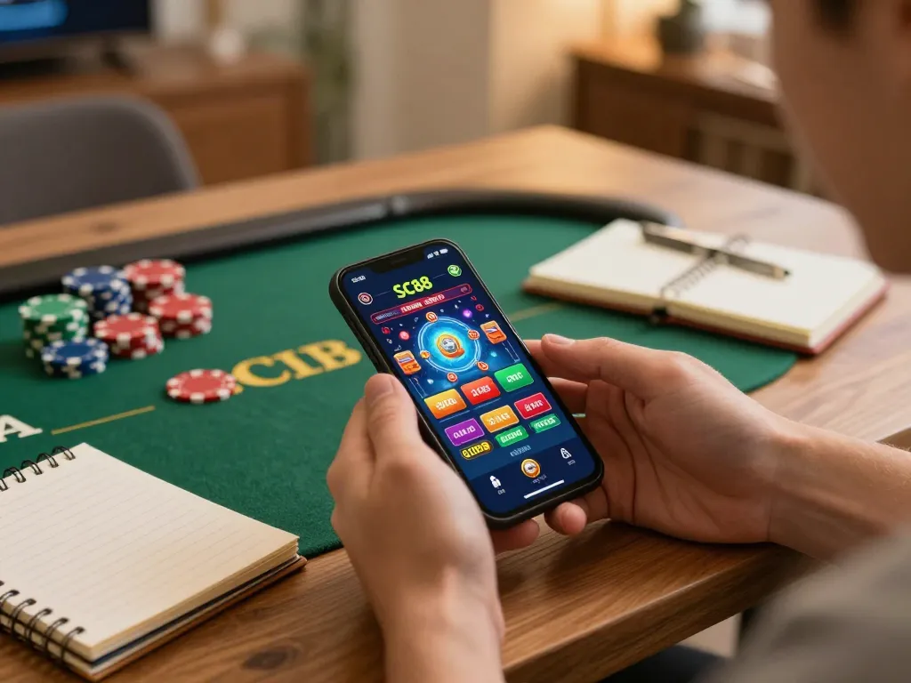 Player enjoying SC88 casino app gameplay on smartphone, showcasing lively betting activity and cozy atmosphere