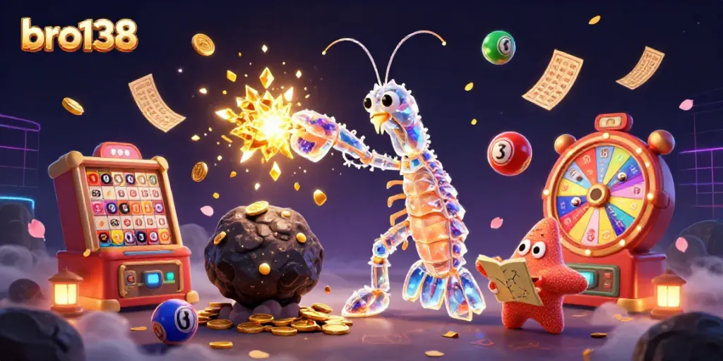 Use bro138 to win big in this vibrant casino scene featuring a galactic samurai mantis shrimp.