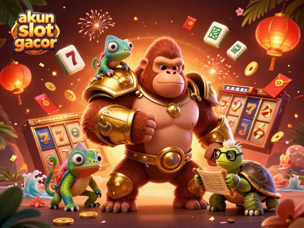 Akun slot gacor menggambarkan gorila raja dalam armor emas bermain dengan simbol slot keberuntungan.